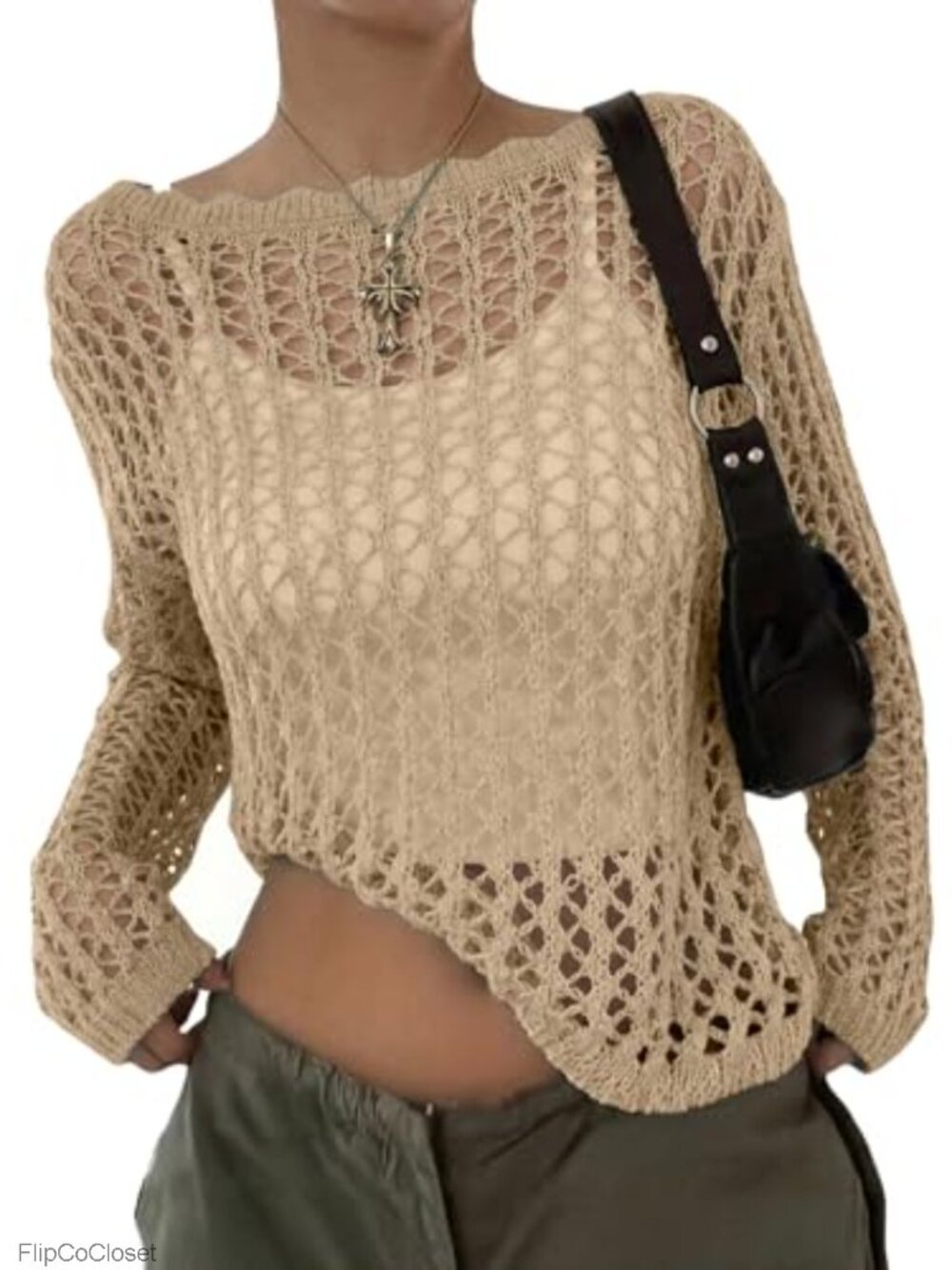Crochet Hollow Out Knit Long Sleeve Sweater Top Off Shoulder